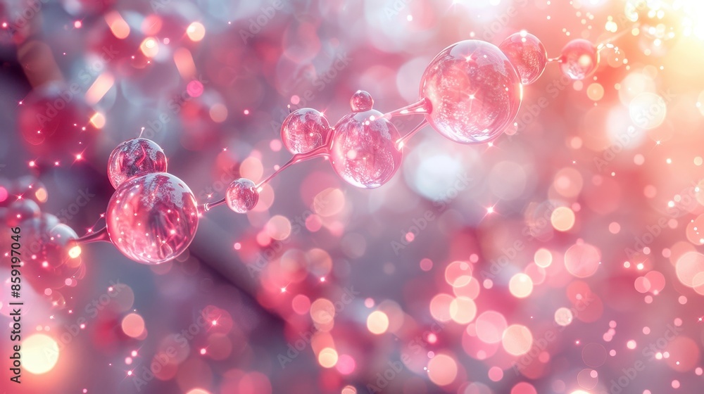 Poster an intricate model of molecular structures with bright pink spheres, interconnected and set against 