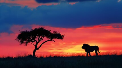 African landscape at sunset with silhouette of a big adult lion. 