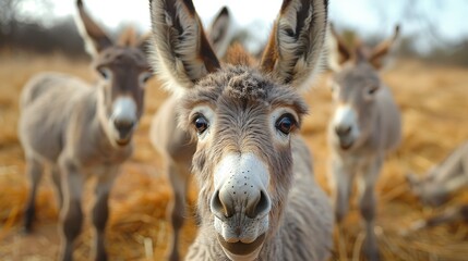 Fototapeta premium A group of four curious donkeys with their large ears perked, staring directly into the camera in a dry, straw-covered field, capturing a heartwarming scene.