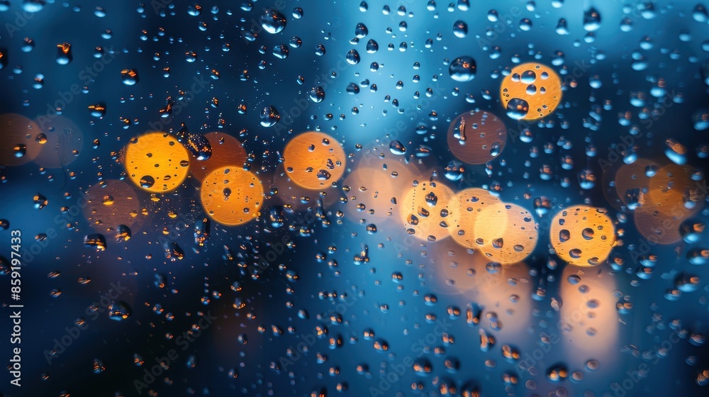 Poster an intriguing image showing a window covered with raindrops, in the background colorful blurry light