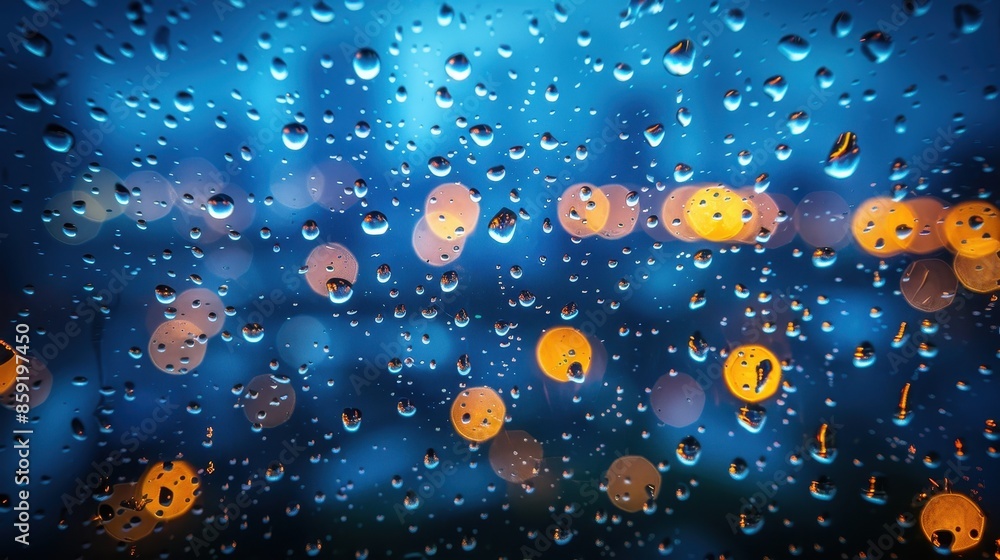 Poster an evocative image of raindrops on a windowpane, with the background lights turned into beautiful bo