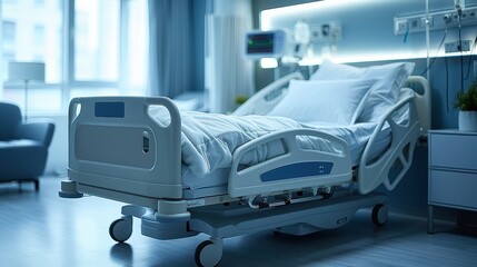 A hospital room with a bed and medical equipment, designed with blue themes, reflecting care, cleanliness, and the serene atmosphere important for patient recovery.