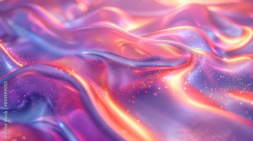 Poster a vibrant and colorful abstract fabric with shimmering light effects, featuring waves and curves in 