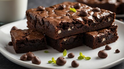 double chocolate chunk brownie on white table and plain background with dramatic lighting