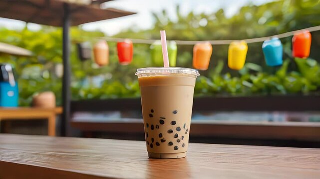a close up of a empty wooden table with bubble tea summer background