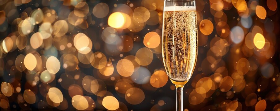 Elegant champagne flute with bubbly drink against festive bokeh lights background, perfect for celebration and luxury events.