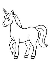 simple coloring book page for children, cute unicorn with a small horn and big tail, black line art on a white background, no shading, clean lines, simple style