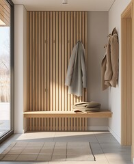 A sleek and minimalist entryway with wooden slats on the wall, featuring two hanging coats and a wooden bench below them, creating a serene and functional space.