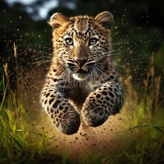 Obraz premium High-speed photography of a leopard Jumping in the tall grass, motion blur and a fast shutter speed