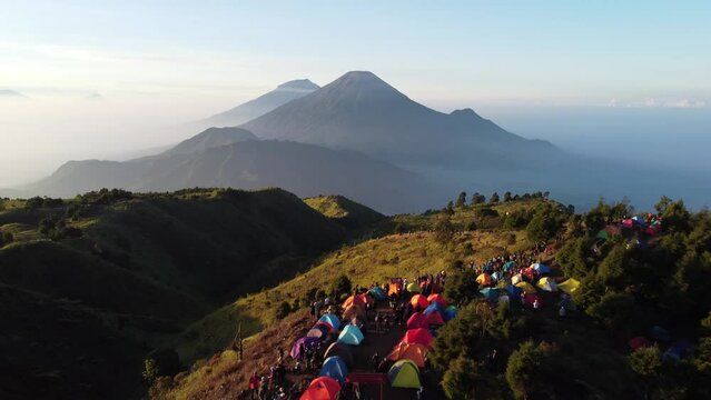 The drone view of Prau Mountain in Wonosobo Regency, Central Java, Indonesia. It was taken on June 9, 2024 by a professional. It's an iconic mountain in this regency