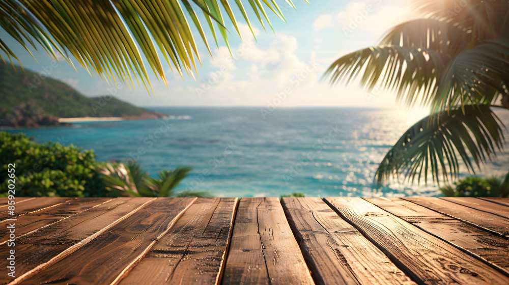 Poster wooden table with ocean view. generative by ai