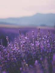 Obraz premium Field of lavender at dusk, with rows of purple blooms in focus and the hazy silhouettes of distant mountains in the background