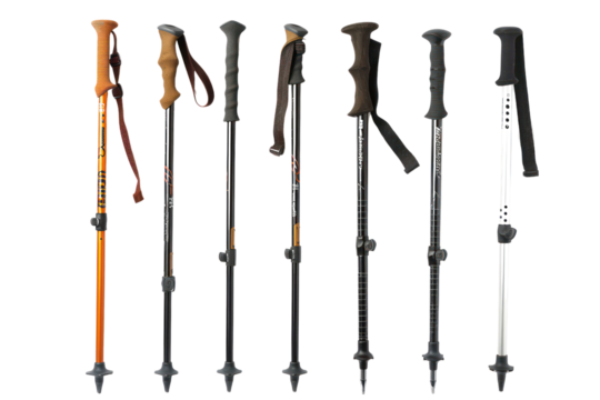 A collection of various hiking poles lined up in a row, showcasing different designs and colors on a white background.
