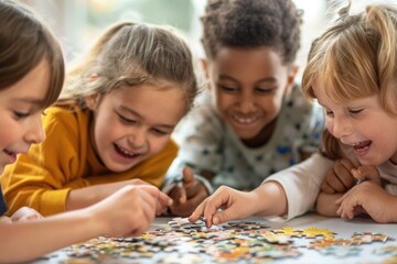 Fototapeta premium Happy Children Solving Jigsaw Puzzle Together - Teamwork, Fun, and Learning