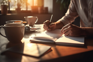 Person Writing in Notebook at Cozy Café with Copy Space