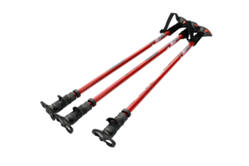 Three red trekking poles with black handles and tips, ideal for hiking, walking, and outdoor activities. Lightweight and durable design.