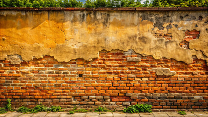 An old brick wall with grass at the base