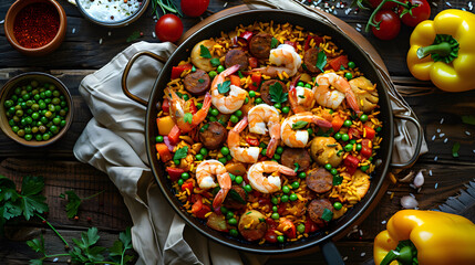 Freshly prepared seafood paella with vegetables. Generative by AI
