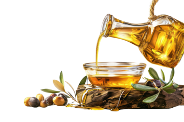 Pouring golden olive oil from a bottle into a glass bowl, surrounded by fresh olives and olive branches on a rustic wooden surface.