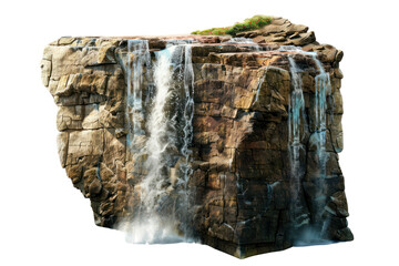 A stunning photo of a powerful waterfall cascading down a rugged rocky cliff, surrounded by lush greenery.