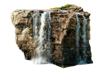 A stunning photo of a powerful waterfall cascading down a rugged rocky cliff, surrounded by lush greenery.