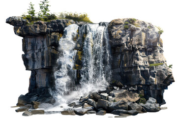 Stunning waterfall cascading over rocky cliffs surrounded by lush greenery, captured in high-definition for nature and landscape photography.