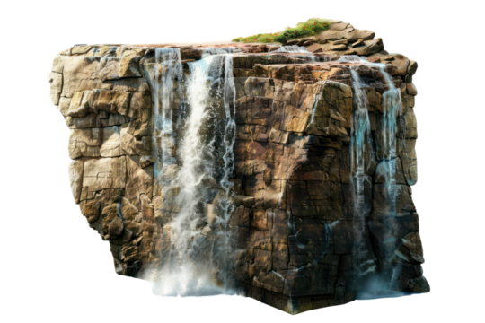 A stunning photo of a powerful waterfall cascading down a rugged rocky cliff, surrounded by lush greenery.