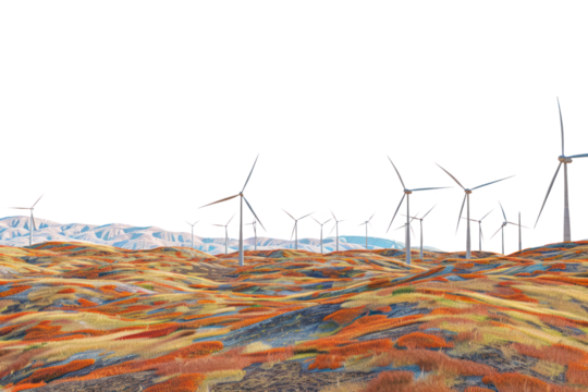 Wind turbines on a colorful landscape, generating renewable energy in a scenic field under a clear sky.