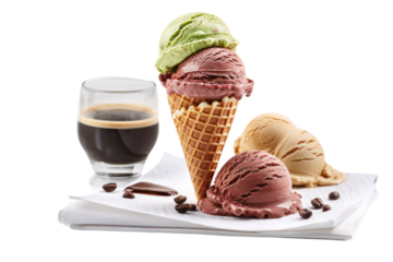 Delicious ice cream cones with scoops of various flavors and a cup of black coffee on a white surface.