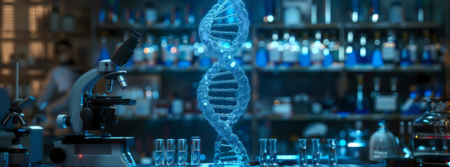 High-Tech Laboratory with Microscopes and Test Tubes Featuring Blue Holographic Double Helix DNA Structure, Shelves with Science Equipment Creating Depth, Conveying Innovation and Scientific Explorati