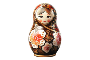 Traditional Russian matryoshka doll with floral design isolated on white background, cultural symbol of craftsmanship and artistry.