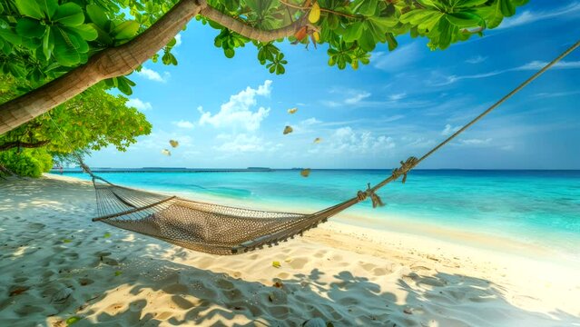 hammock at beautiful beach video looping background 4k