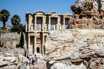 Buildings and artifacts in the library section of the ancient city of Ephesus