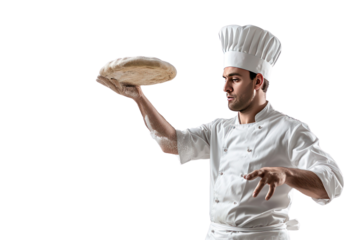 Chef in white uniform, tossing pizza dough in the air with skillful precision, isolated on white background.