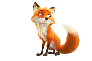 Obraz premium Charming cartoon fox with orange fur and a bushy tail looking to the side, exuding a playful and curious expression on a transparent background.