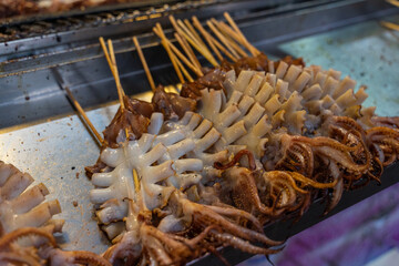 The photo showcases a mouthwatering grilled squid, cooked to perfection over an open flame. The golden-brown exterior glistens under the smoky aroma of the barbecue