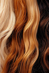 Fototapeta premium Close-up of diverse hair strands in various shades of blonde, brown, and auburn, highlighting texture and color differences.