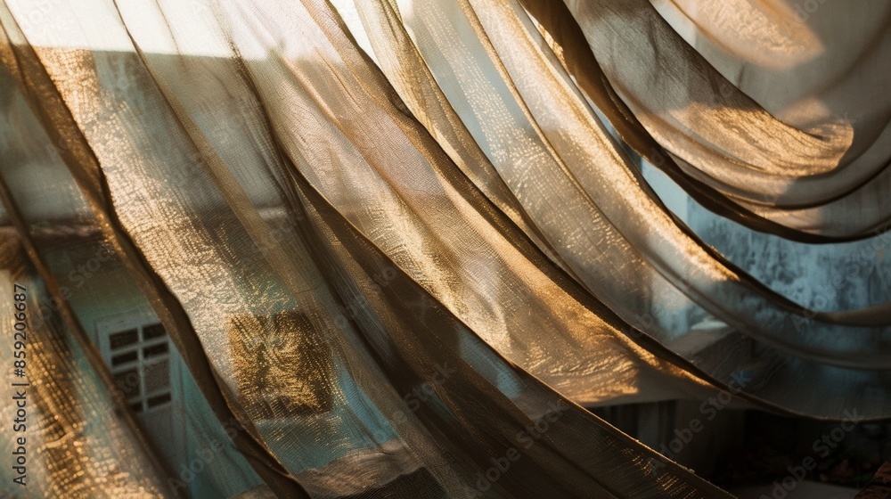 Poster sunlight filtering through the flowing fabric casting dreamy shadows on the rooftop.