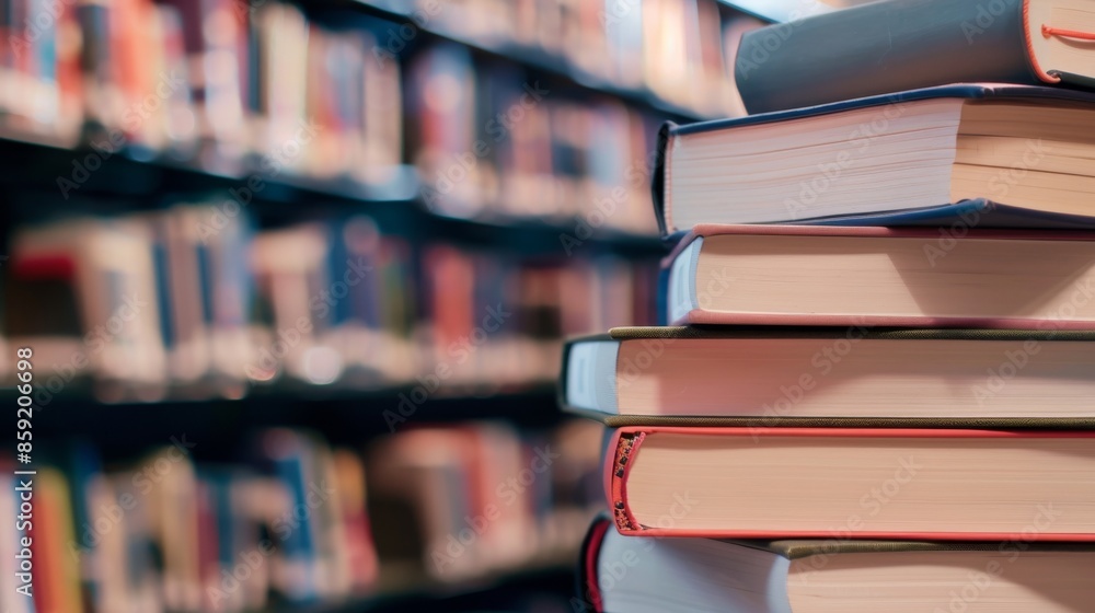 Poster stack of books in a library setting