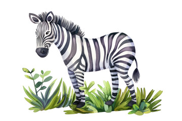 Obraz premium Illustrated zebra standing among green plants, showcasing vibrant stripes and natural wildlife scenery.