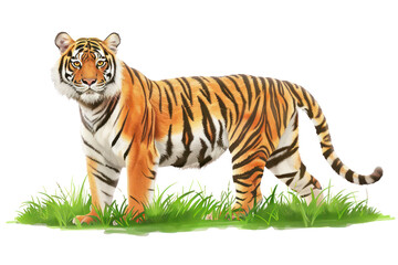 Fototapeta premium A majestic tiger stands confidently on the green grass, showcasing its vibrant orange and black stripes.
