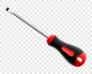 Flat head screwdriver isolated on transparent background. Black and red long screwdrivers. Metal tool for Home Repairs and Mechanical Work. Realistic 3d vector illustration.