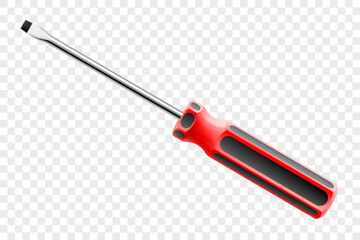 Flathead screwdriver isolated on transparent background. Black and red long screwdrivers. Metal tool for Home Repairs and Mechanical Work. Realistic 3d vector illustration.