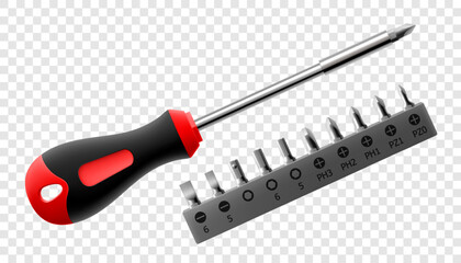 Phillips screwdriver with set of metal bits for screwdriver isolated on white background. Bits for bolts and screws. Bits for electric drill or cordless screwdriver. Realistic 3d vector