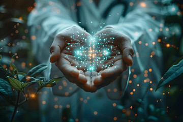 A doctor holds a glowing medical cross symbol, representing healthcare, healing, and the integration of technology in medicine. The background includes nature elements, blending science and nature