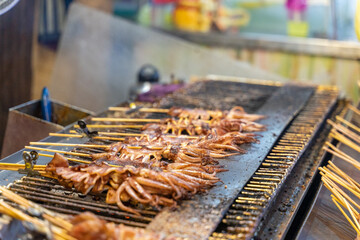 The photo showcases a mouthwatering grilled squid, cooked to perfection over an open flame. The golden-brown exterior glistens under the smoky aroma of the barbecue