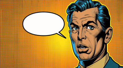 Comic book style man with speech bubble on an orange background. Concept of retro pop art background.