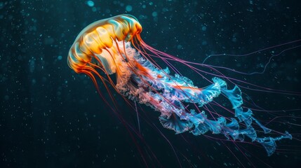 Backlit jellyfish with stinging tentacles pulsates through the water during nighttime