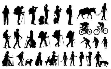 People silhouettes. Tourists with backpacks, hikers, cyclists, children with pets. Vector illustration	
