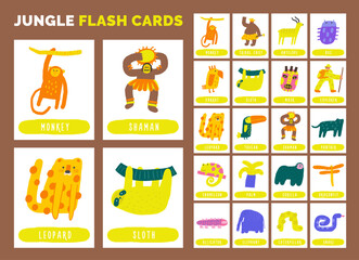 Learn jungle forest flashcard set. Learning English words for kids. Cute hand drawn doodle educational card with tribe people, animals, insects, snake, chameleon, shaman, panther, monkey.